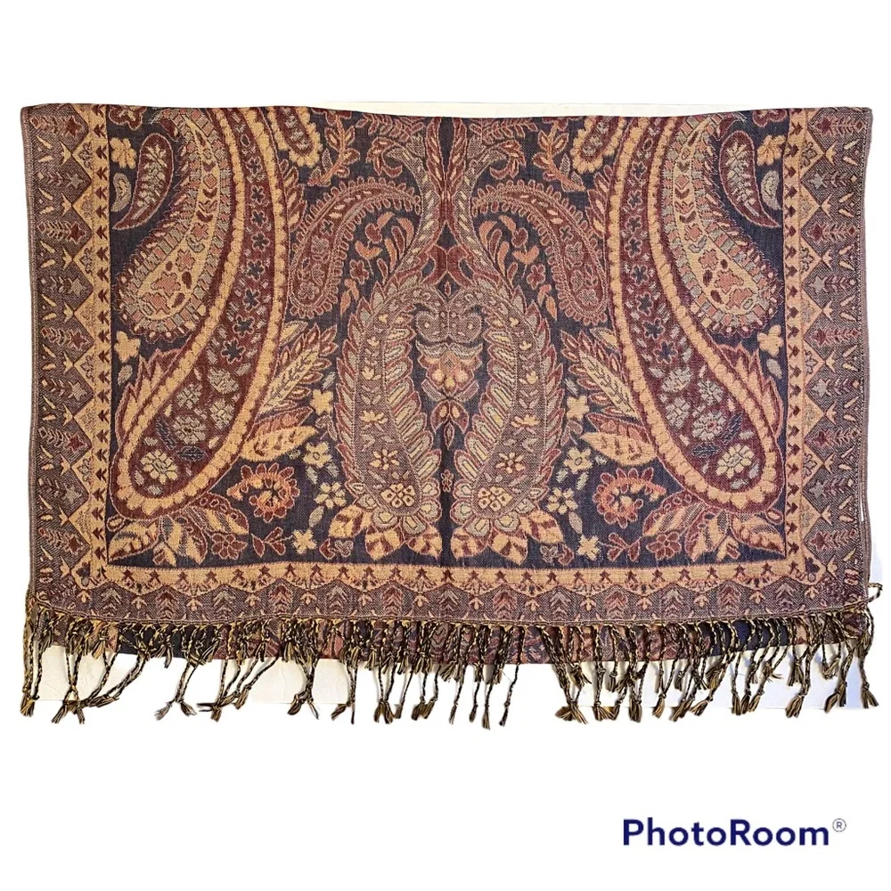 WAVERLY CELEBRATIONS SCARF WRAP PASHMINA BLUE TAN RED FLORAL PAISLEY LARGE
